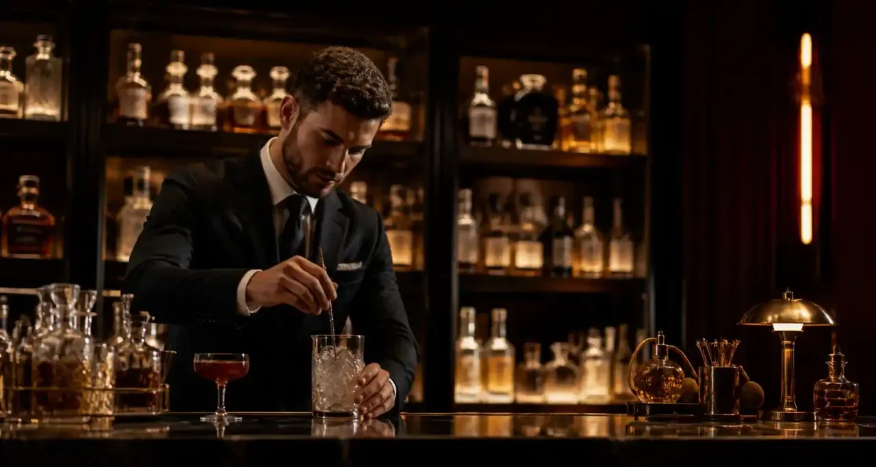 Barman composant un cocktail sophistiqué derrière le comptoir d'un bar feutré