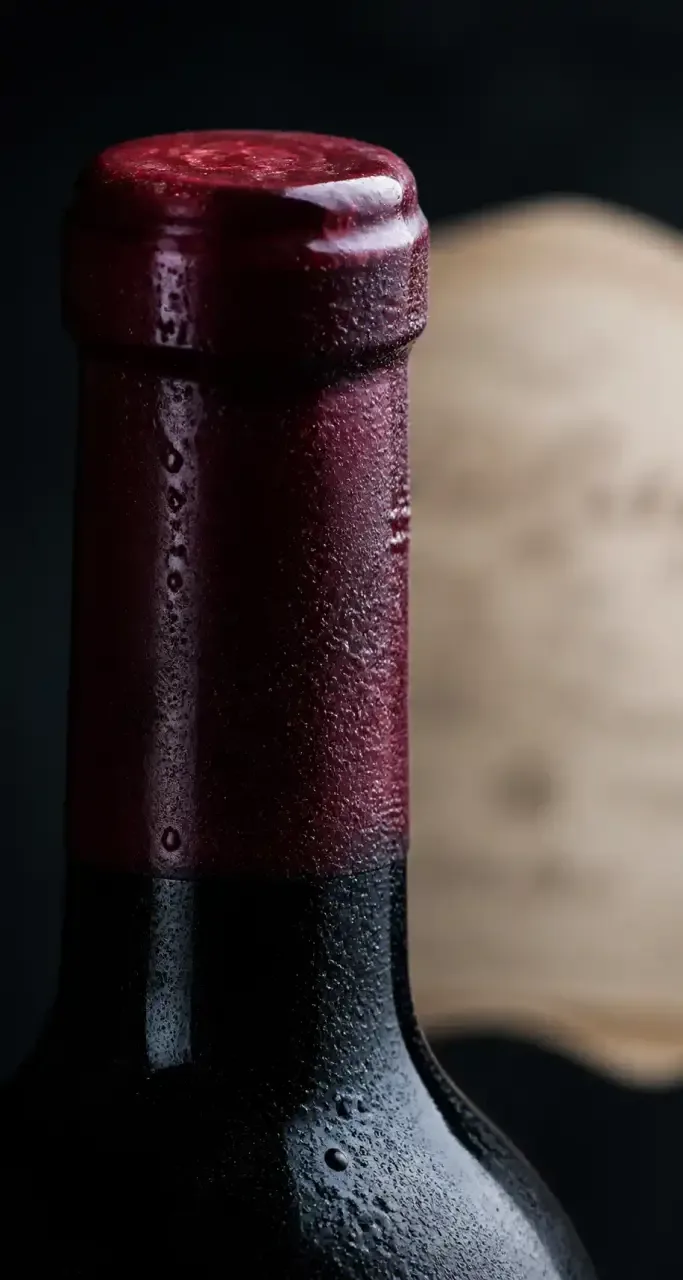 Gros plan sur une bouteille de vin millésimée scellée à la cire rouge, dans la pénombre d'une cave