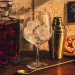 Campari alcool, bouteille et verre de Spritz avec glaçons et orange