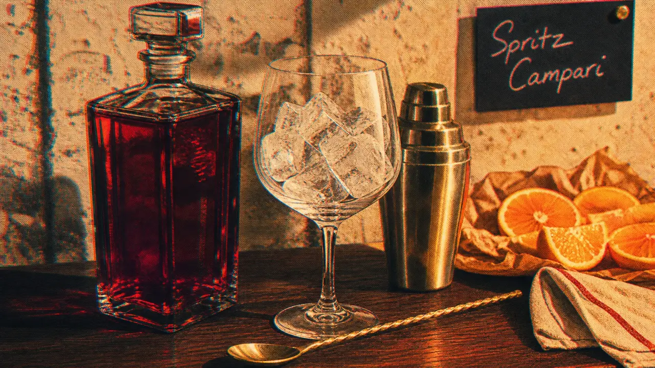 Campari alcool, bouteille et verre de Spritz avec glaçons et orange