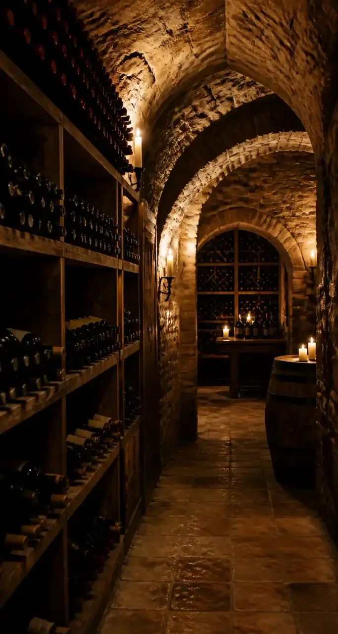 Cave à vin voûtée en pierre éclairée à la bougie, casiers garnis de bouteilles