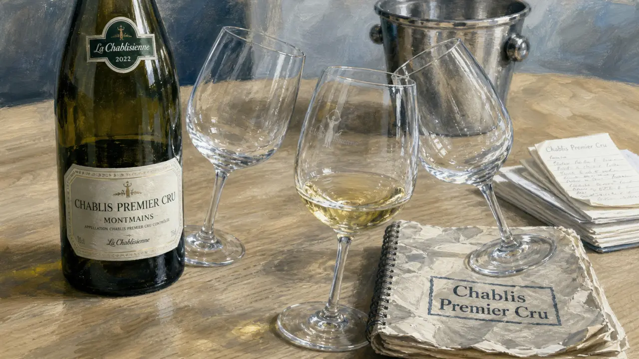 Chablisienne vin : dégustation Chablis, verres et bouteille