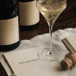 Champagne haton avec cuvées Grand Cru sur table en chêne et verre tulipe