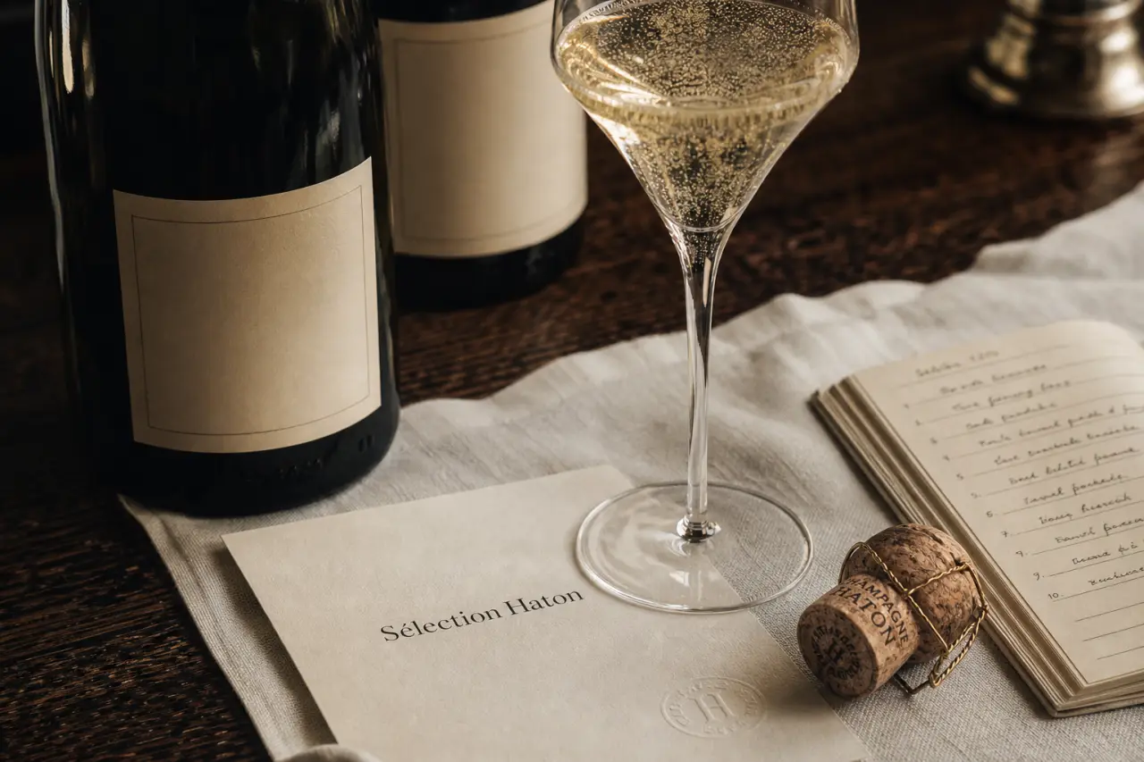 Champagne haton avec cuvées Grand Cru sur table en chêne et verre tulipe
