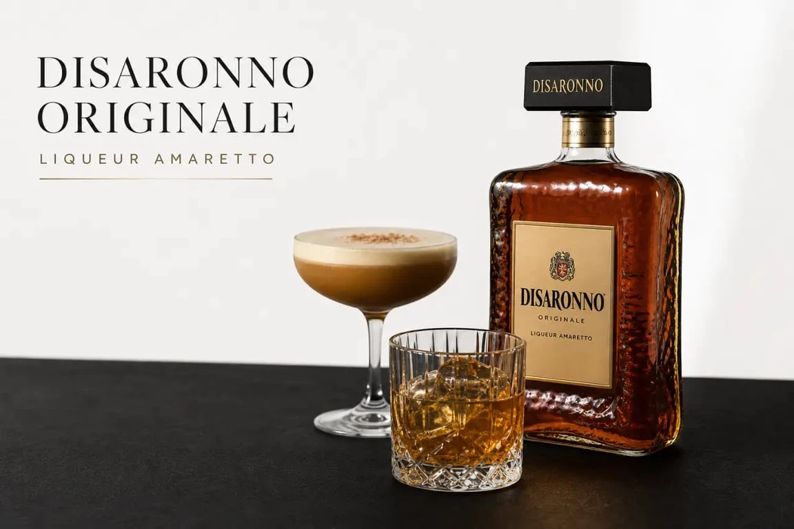 Disaronno amaretto en bouteille avec verre sur glace et cocktail