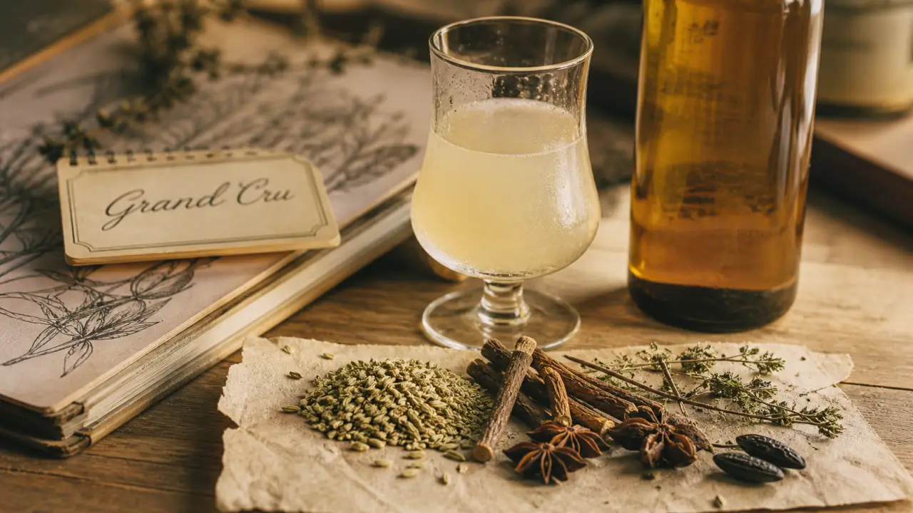 Henri Bardouin pastis Grand Cru Forcalquier, verre avec 65 plantes et épices