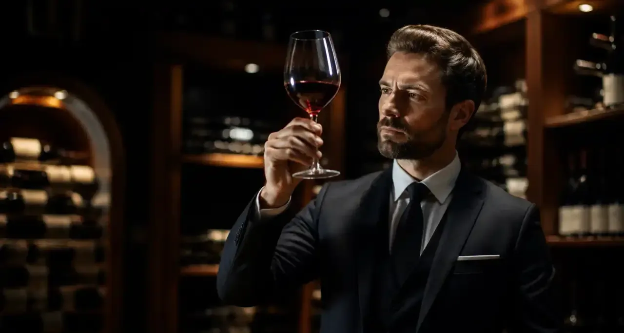 Sommelier analysant la robe d'un verre de vin rouge pendant une dégustation