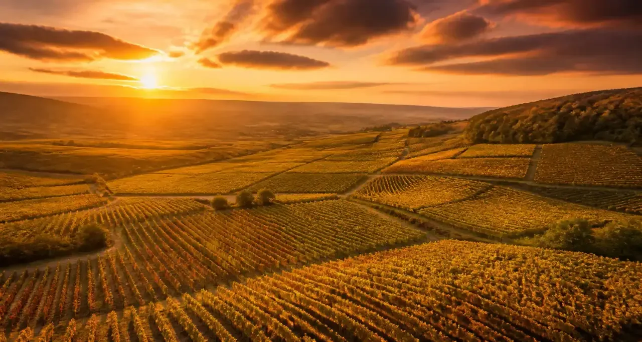 Vignoble de Bourgogne baigné d'une lumière dorée au coucher du soleil