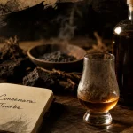 Whisky Connemara tourbé, verre fumé et bouteille de single malt irlandais