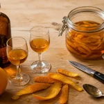 Alcool orange : bouteille et zestes d’orange, triple sec ou arancello