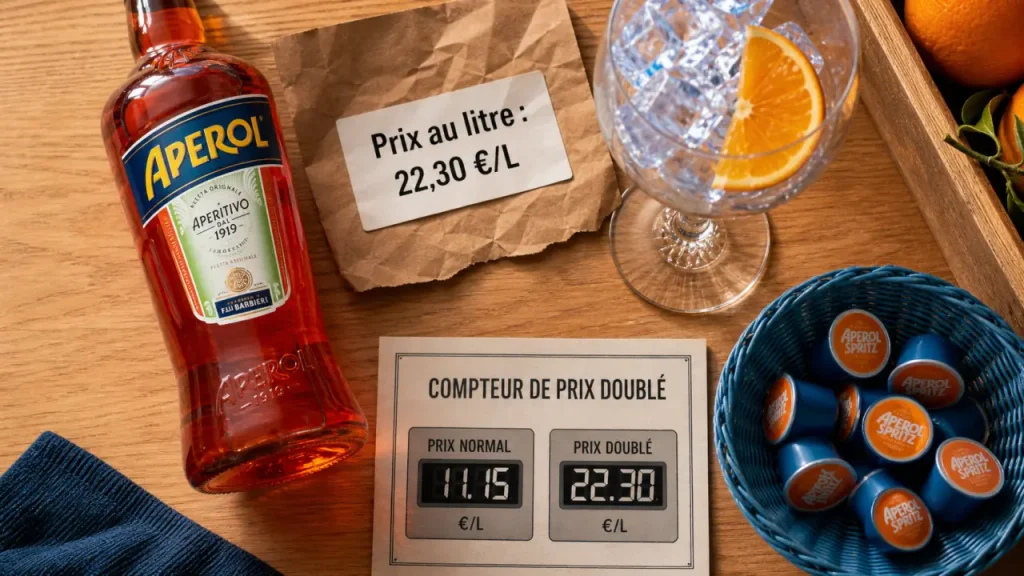 Aperol prix : 22,30 € le litre pour une bouteille 1L, base du Spritz
