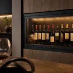 Cave à vin murale vitrée, bouteilles derrière porte anti-UV, cadre noir mat