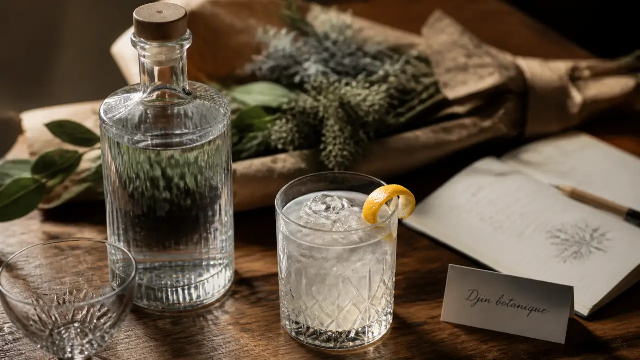 Photo de djin sans alcool botanique, verre et glaçons