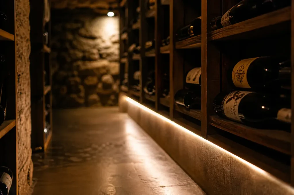 Éclairage cave à vin : lumière douce, circulation sûre et bouteilles protégées