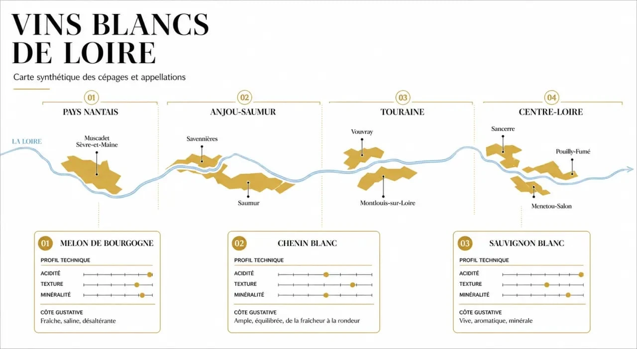 Carte éditoriale du vin blanc de Loire avec les grandes régions viticoles et leurs cépages clés