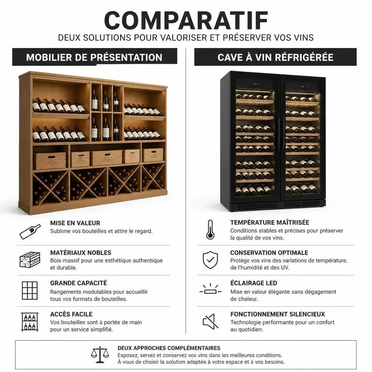 Comparatif entre un meuble de présentation en bois et une cave à vin en bois réfrigérée pour le stockage de vos bouteilles.