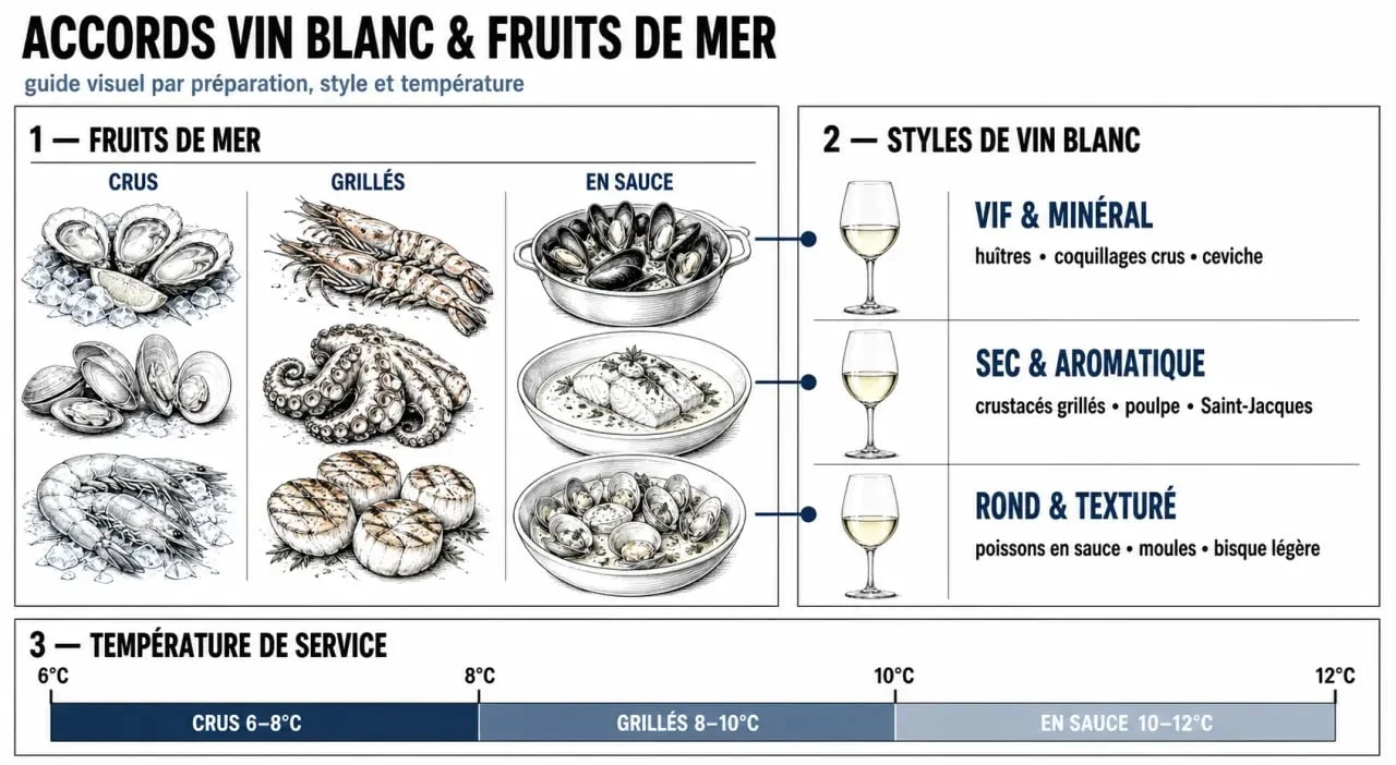 Vin blanc pour fruits de mer : infographie des accords selon le type de fruit de mer, le mode de cuisson et la température de service