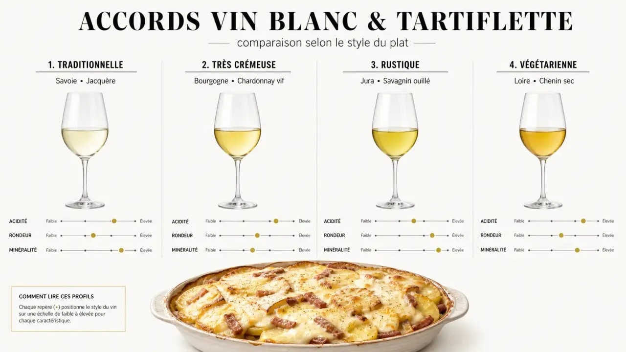 Vin blanc tartiflette : comparaison des accords Apremont, Riesling sec, Roussette de Savoie et Chignin-bergeron