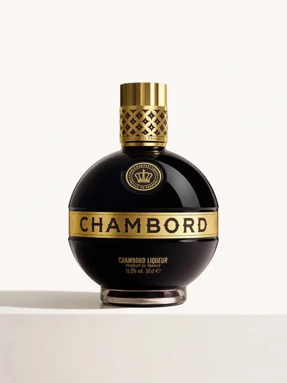 Liqueur de Chambord en bouteille sphérique avec inscriptions dorées et liquide pourpre foncé