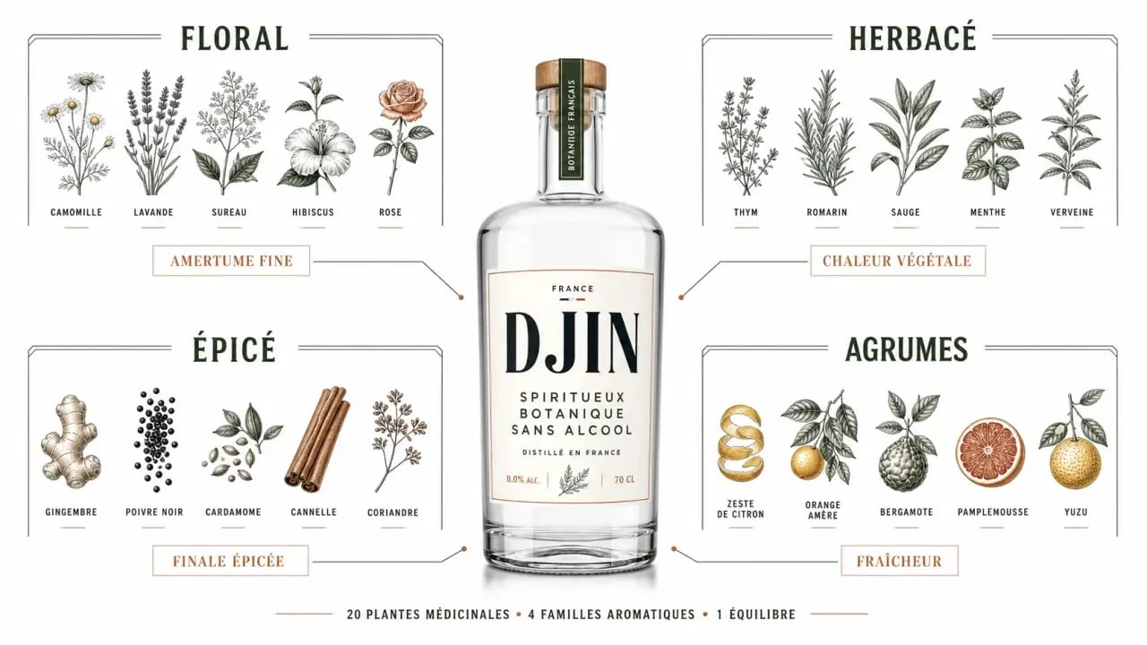 Djin : composition botanique et profils aromatiques d’un spiritueux sans alcool français