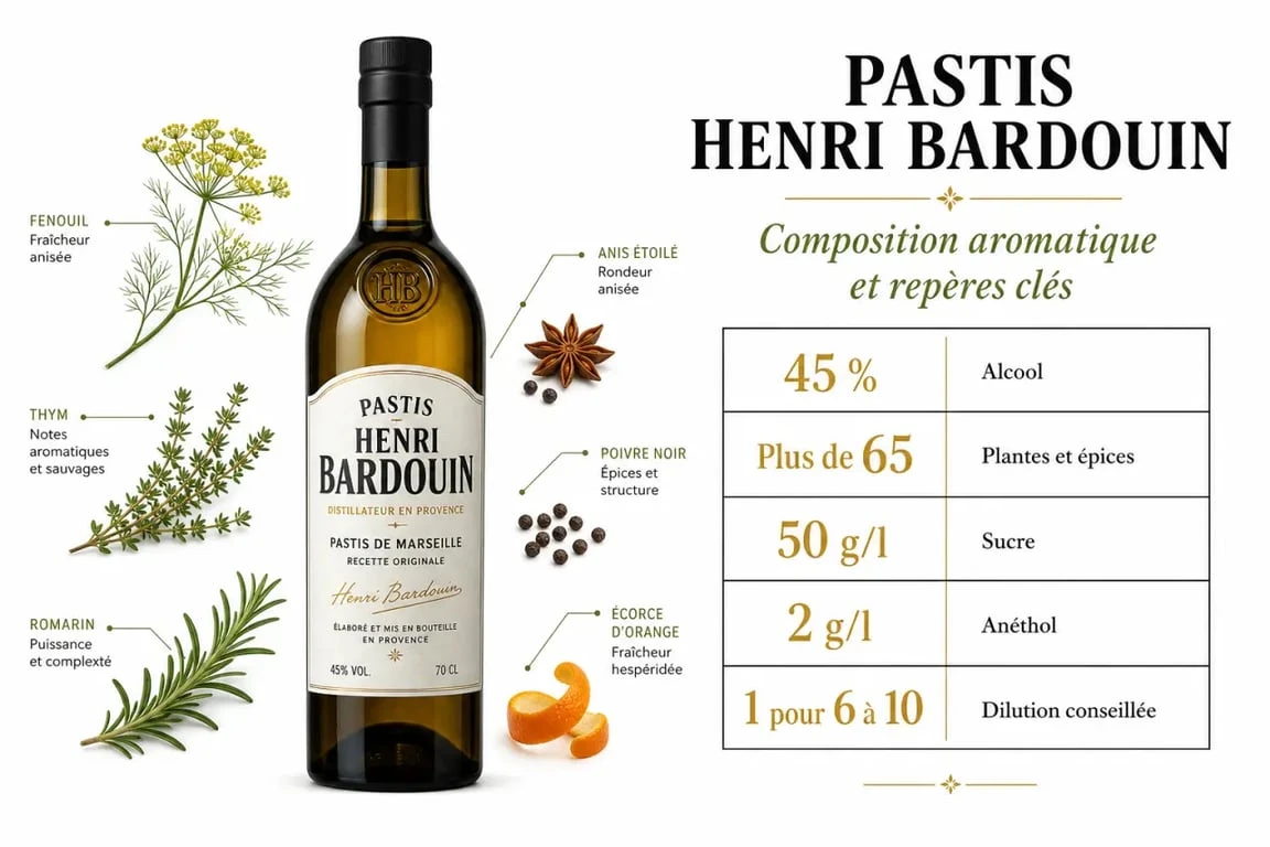 Pastis Henri Bardouin : composition, plantes et repères techniques en infographie éditoriale