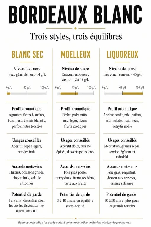 Vin blanc bordeaux : comparatif visuel des styles sec, moelleux et liquoreux