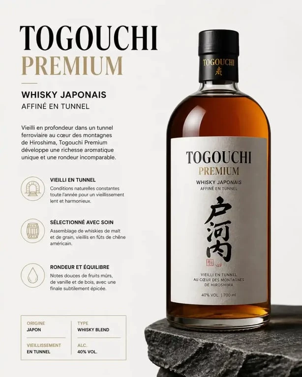 Bouteille de whisky Togouchi Premium sur un support en pierre