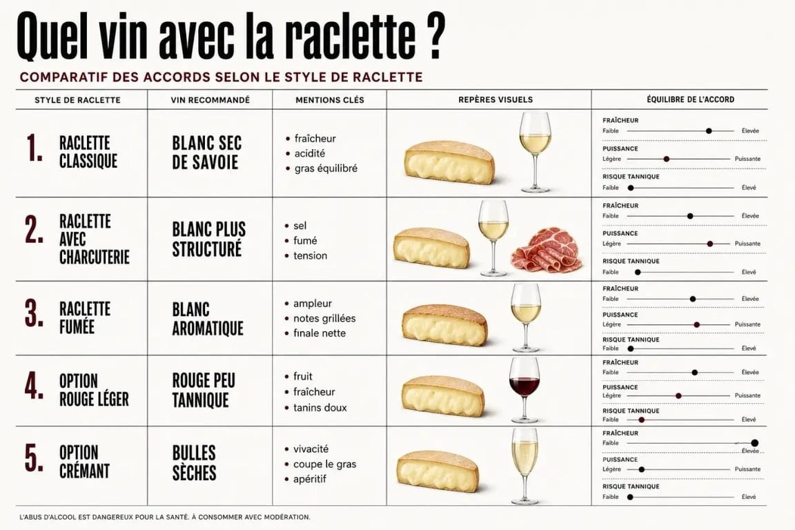 Vin blanc avec la raclette : comparatif visuel des meilleurs accords selon le type de raclette