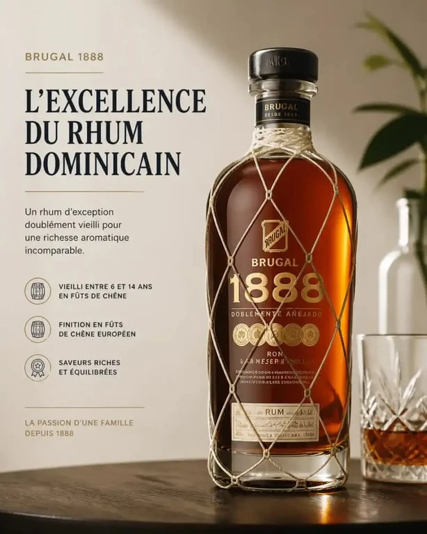 Bouteille de rhum Brugal 1888 sur fond sombre, illustration de la gamme premium Brugal