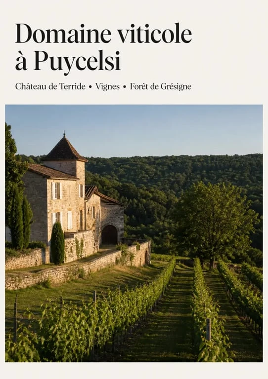 Vin gaillac puycelsi : vue éditoriale du Château de Terride et des vignes près de Puycelsi