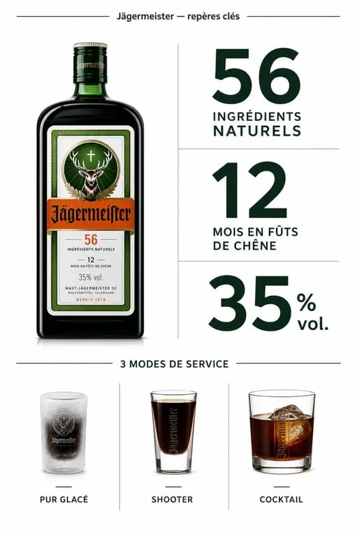 Jagger boisson : infographie éditoriale sur Jägermeister, ses 56 ingrédients, 12 mois de vieillissement et 35 % vol.