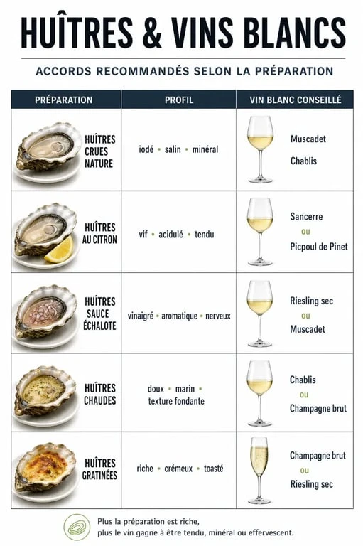 Vin blanc pour huitre : infographie comparative des accords selon la préparation des huîtres