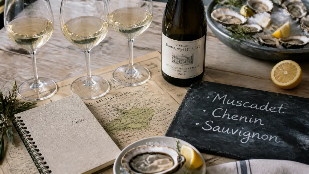 Vin blanc de loire sur table : verres, bouteille, huîtres et citron