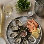 Vin blanc pour fruits de mer sec, huîtres et citron sur glace, verre et seau