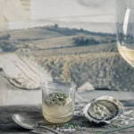 Vin nature chablis, verrine d’huîtres et minéralité sur table