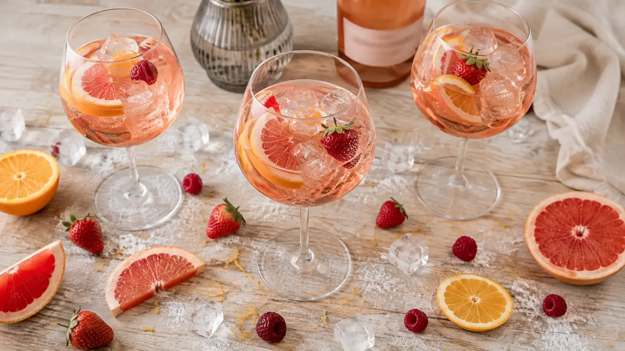 Cocktail vin rosé en verres, glaçons et agrumes sur table en bois