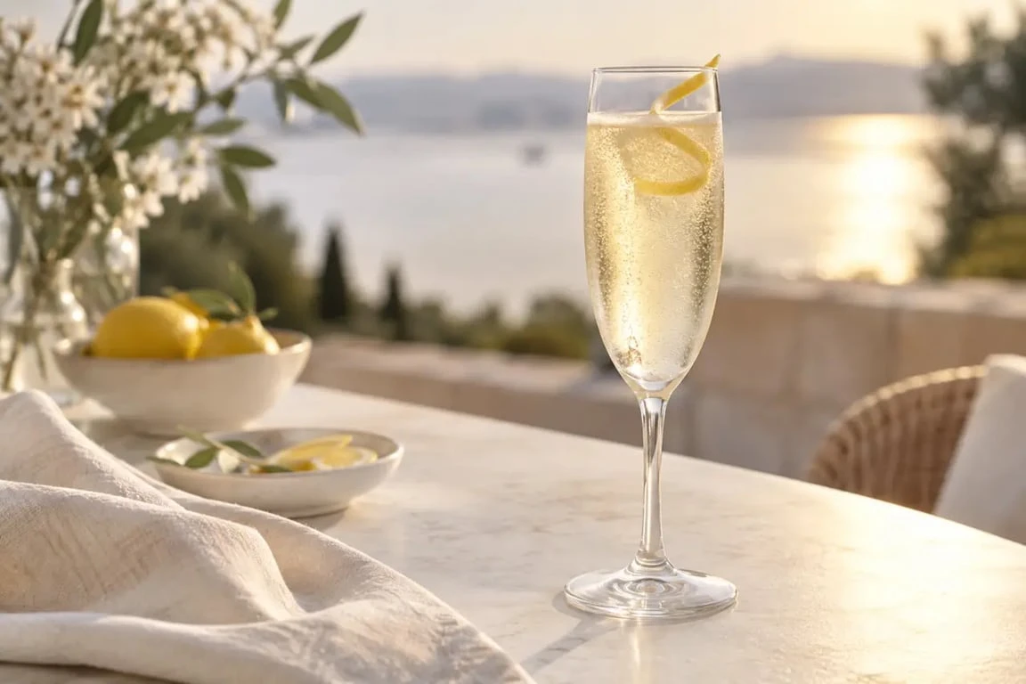 Cocktail vin blanc pétillant de type Soupe Angevine servi avec une garniture de citron