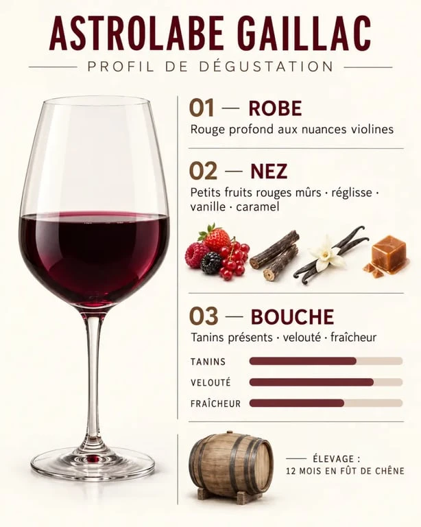 Infographie du profil de dégustation de l’Astrolabe vin Gaillac, avec fruits rouges, élevage en fûts de chêne et tanins veloutés