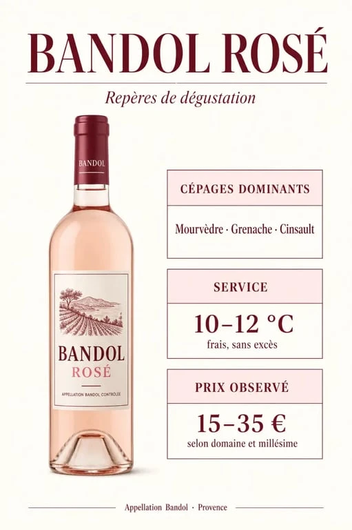 Bandol vin rosé, illustration éditoriale avec cépages, température de service et prix