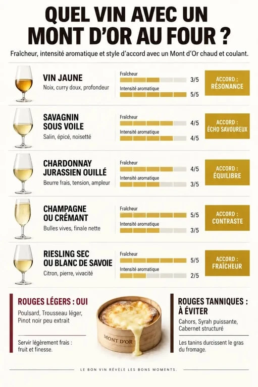 Quel vin avec mont d'or au four : infographie des meilleurs accords blancs, bulles et rouges légers