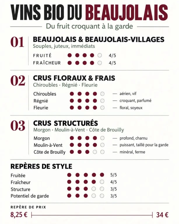 Infographie pour choisir un vin bio du Beaujolais selon l’appellation, le style et le prix