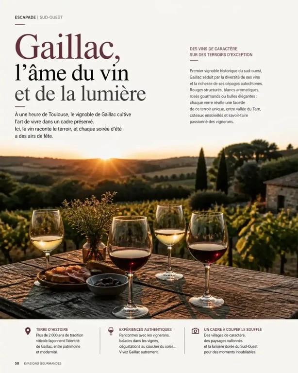 Ambiance d'une soirée dans le vignoble de Gaillac avec dégustation de vin au coucher du soleil