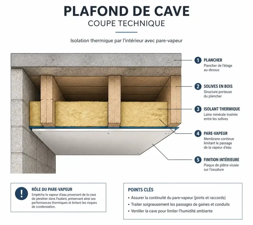 Schéma technique de pose d'un isolant pour cave sous un plancher