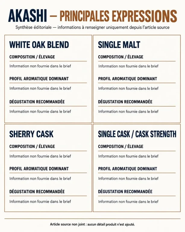 Infographie comparative des expressions de whisky Akashi et de leurs profils aromatiques