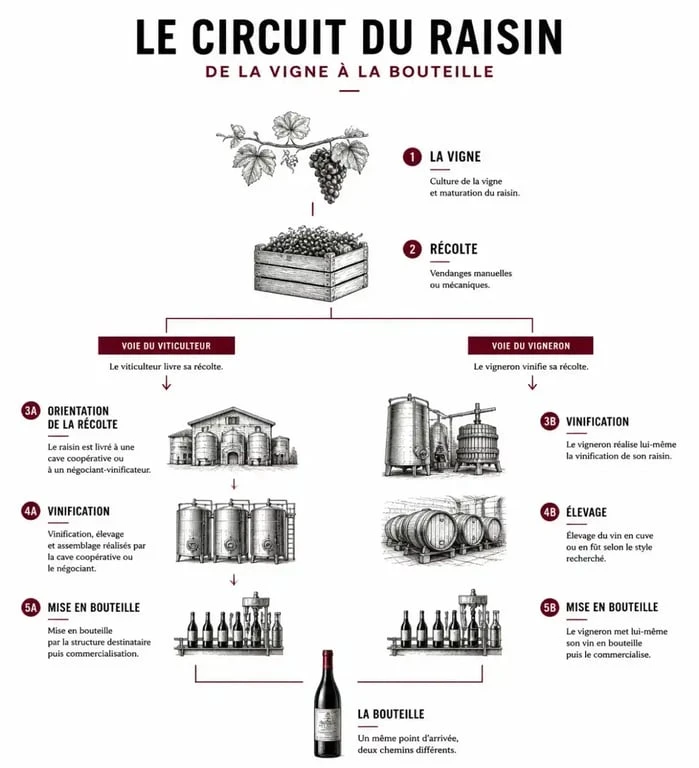 Schéma illustrant la différence entre viticulteur et vigneron, de la vigne à la bouteille