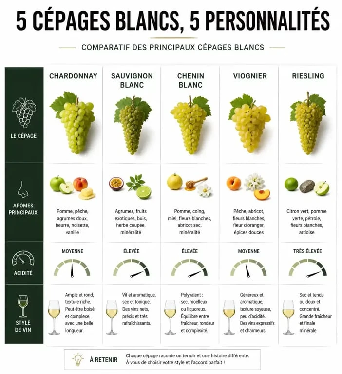 Infographie comparative des principaux cépages blancs et leurs caractéristiques