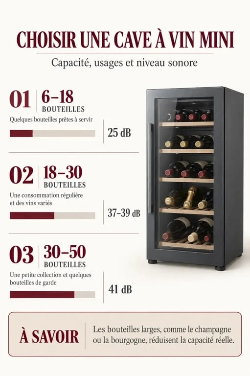 Infographie sur la capacité et le niveau sonore d’une cave à vin mini
