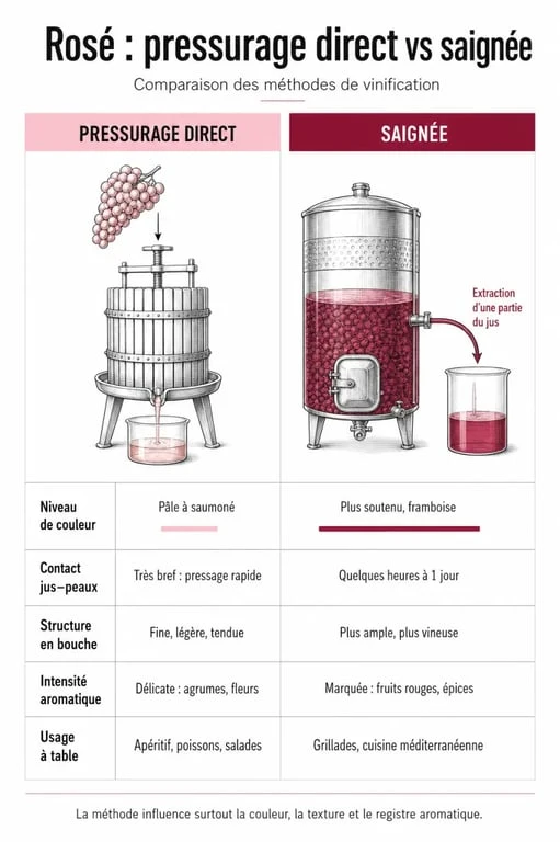 Vin rosé fabrication : comparaison entre pressurage direct et saignée