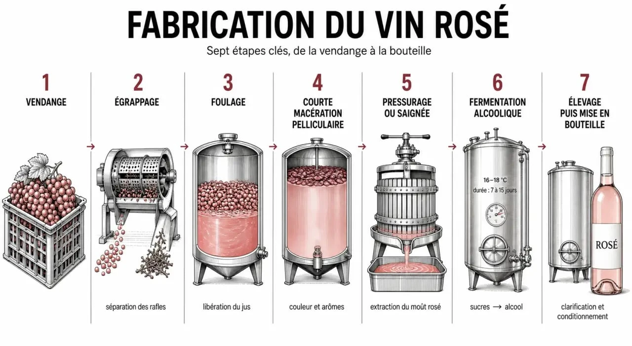 Vin rosé fabrication : schéma des étapes de vinification du raisin à la bouteille