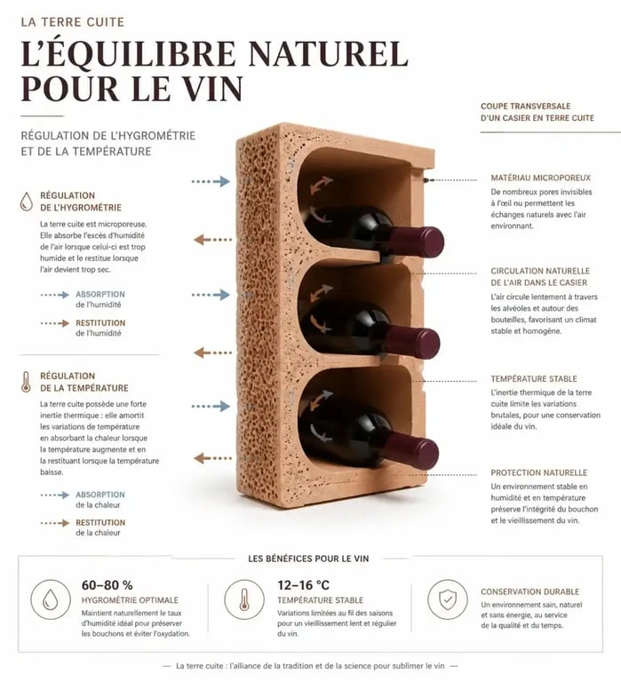 Schéma explicatif des propriétés d'inertie thermique et de régulation hygrométrique d'un casier bouteille terre cuite pour cave à vin